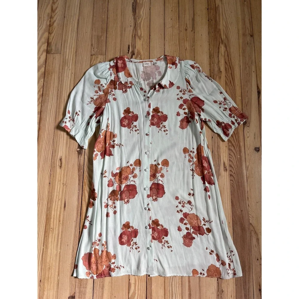 Wilfred Poppins Dress Floral Print Puff Sleeve Peter Pan Collar Button Up Size S